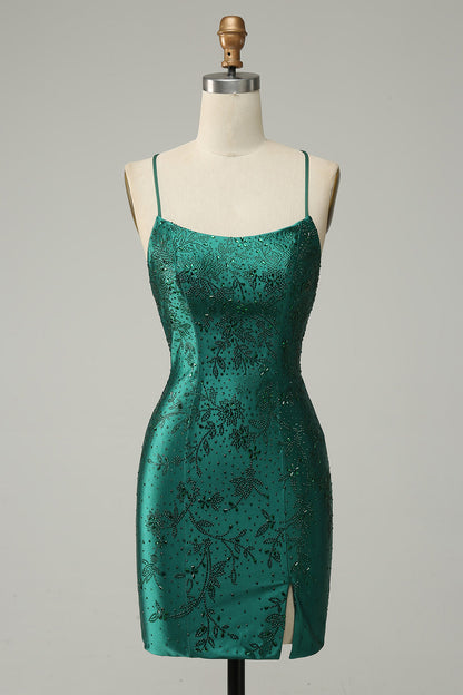 Dark Green Beaded Bodycon Homecoming Dress With Criss Cross Back