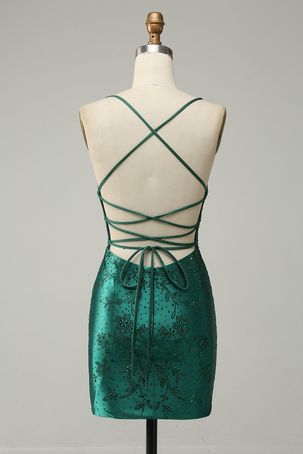 Dark Green Beaded Bodycon Homecoming Dress With Criss Cross Back