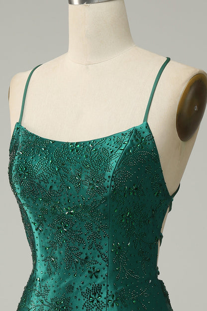 Dark Green Beaded Bodycon Homecoming Dress With Criss Cross Back