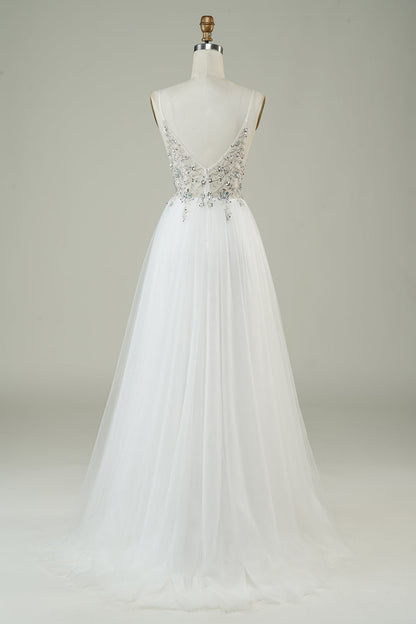 Gorgeous A Line Spaghetti Straps White Tulle Long Wedding Dress with Beading