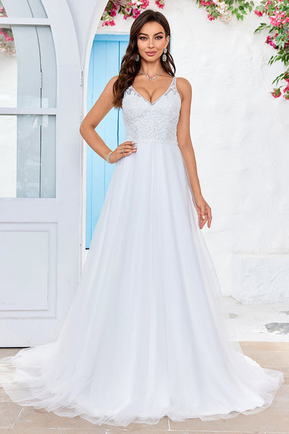 Ivory V-Neck Tulle Sweep Train A Line Wedding Dress with Lace