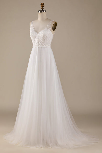 Ivory V-Neck Tulle Sweep Train Wedding Dress with Lace