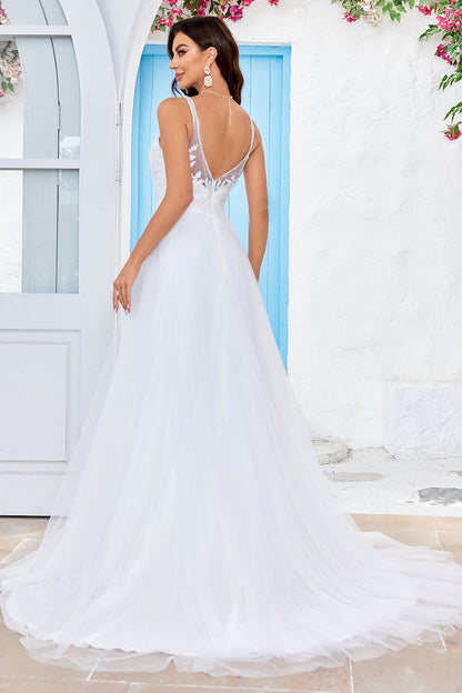 Ivory V-Neck Tulle Sweep Train A Line Wedding Dress with Lace