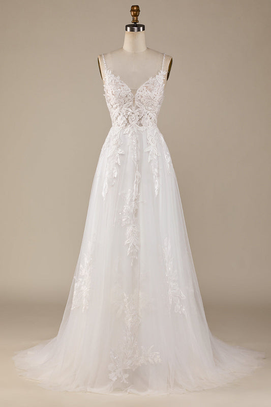 Ivory A-Line Tulle Criss-Cross Straps Back Wedding Dress