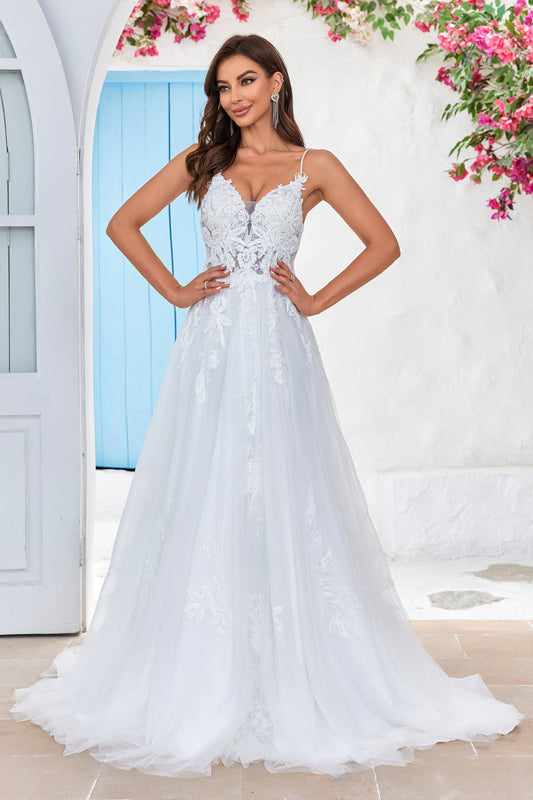 Ivory Criss-Cross Straps Back A-Line Tulle Wedding Dress