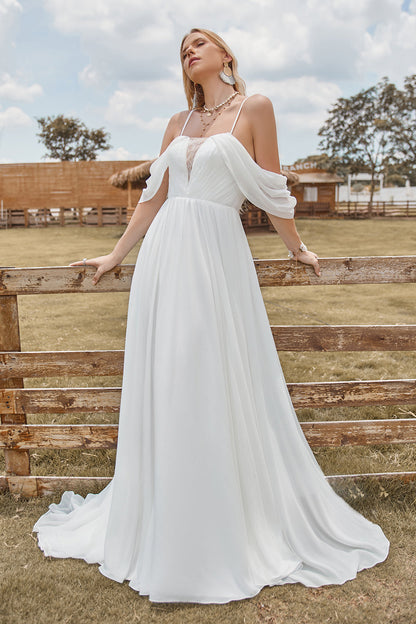 Off The Shoulder Ivory Boho Chiffon Ruched A Line Wedding Dress