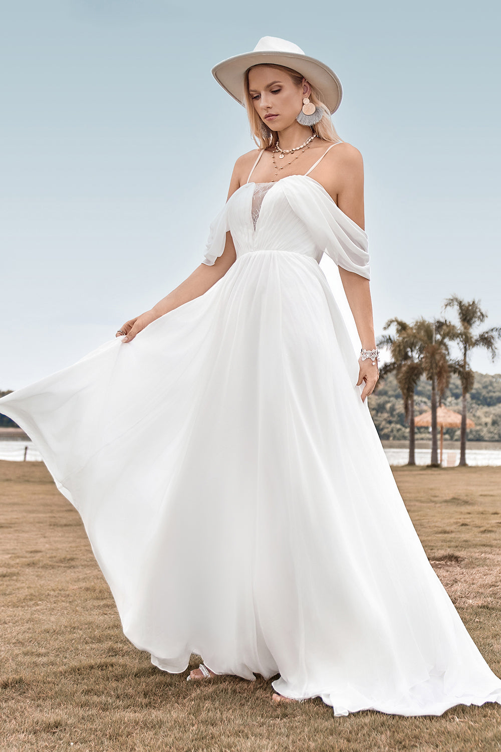 Off The Shoulder Ivory Boho Chiffon Ruched A Line Wedding Dress