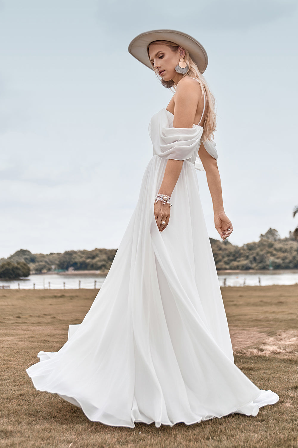 Off The Shoulder Ivory Boho Chiffon Ruched A Line Wedding Dress