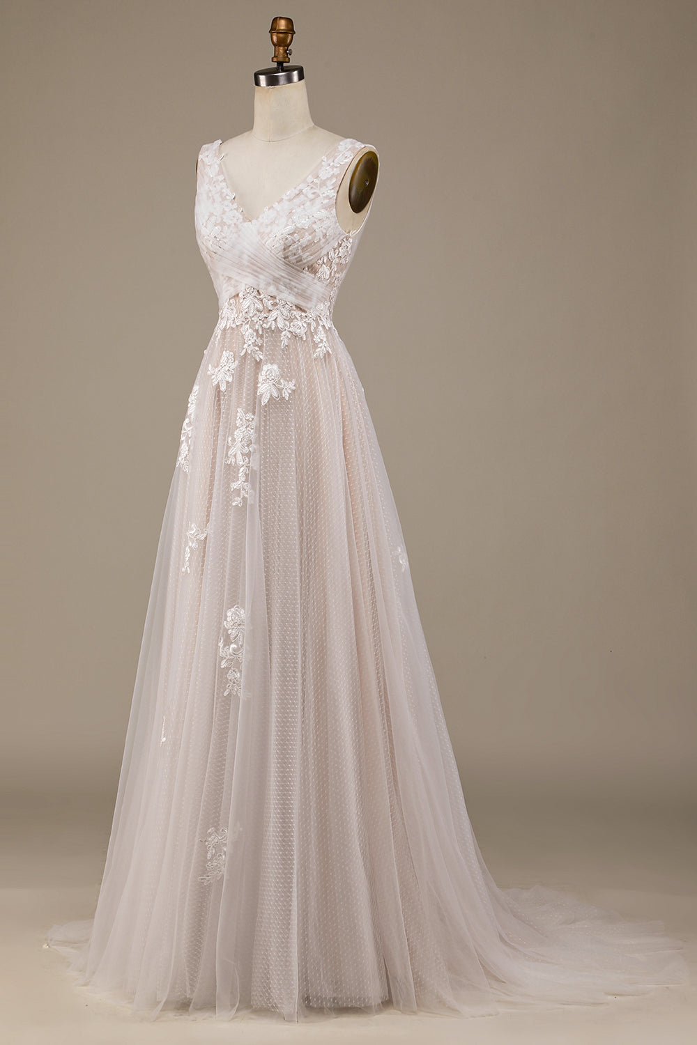 Apricot Tulle Sweep Train Wedding Dress with Lace