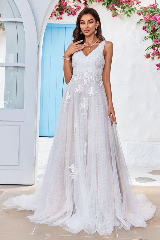 Apricot Tulle Sweep Train A Line Wedding Dress with Lace