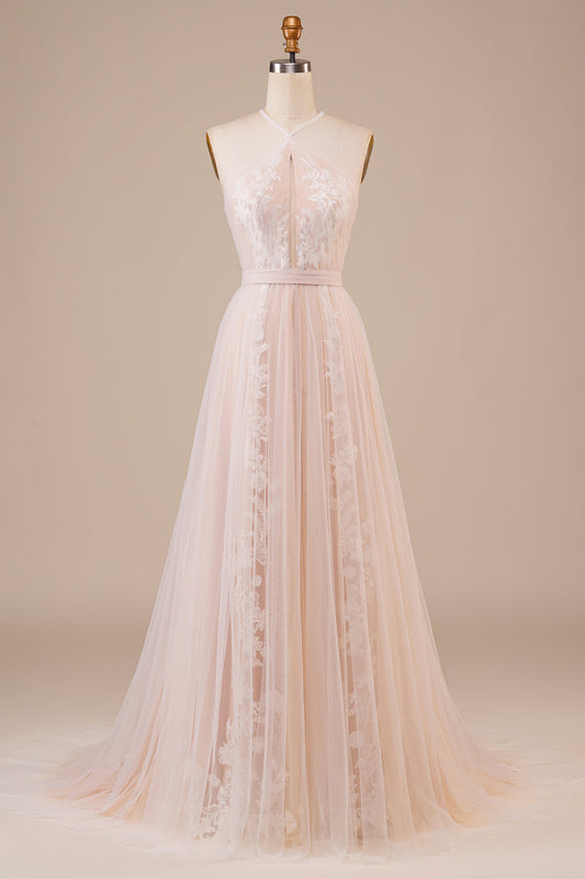 Tulle Halter Keyhole Champagne Wedding Dress with Appliques