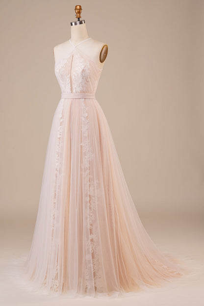 Tulle Halter Keyhole Champagne Wedding Dress with Appliques