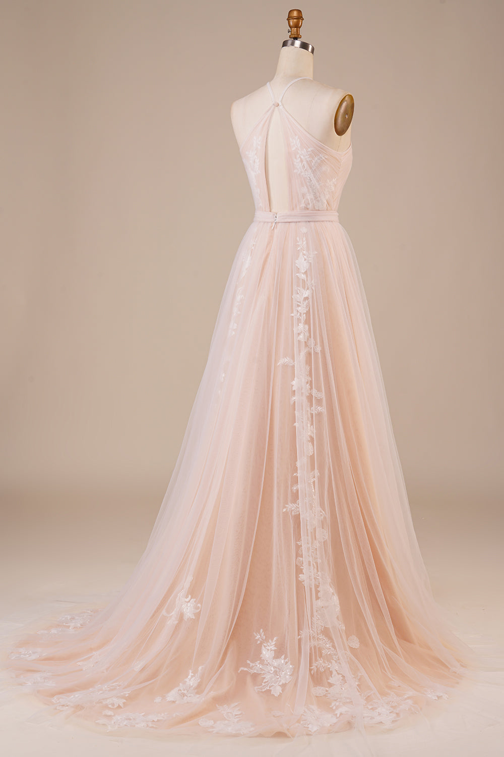 Tulle Halter Keyhole Champagne Wedding Dress with Appliques