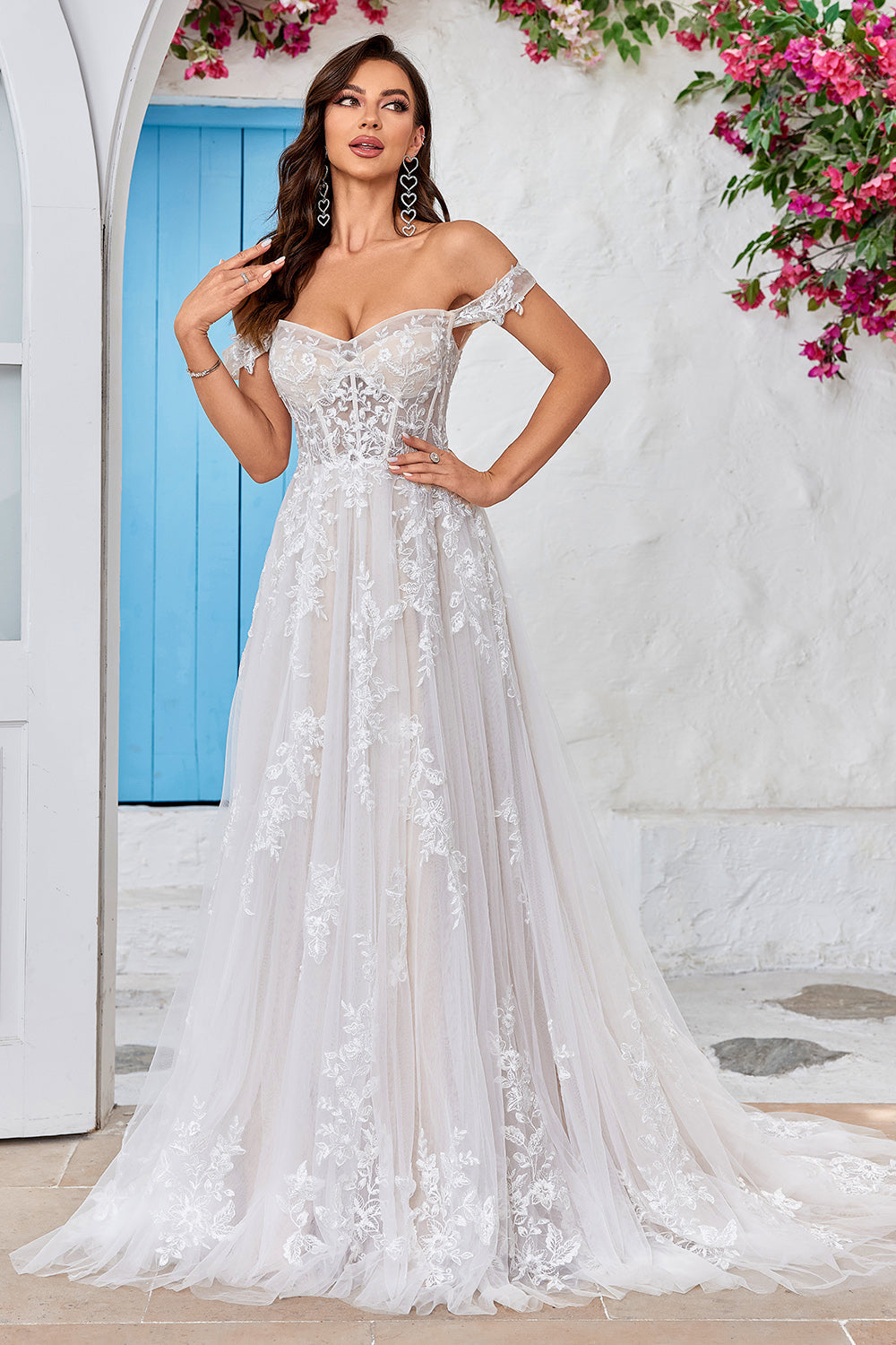 Detachable Off the Shoulder Corset Tulle A Line Wedding Dress