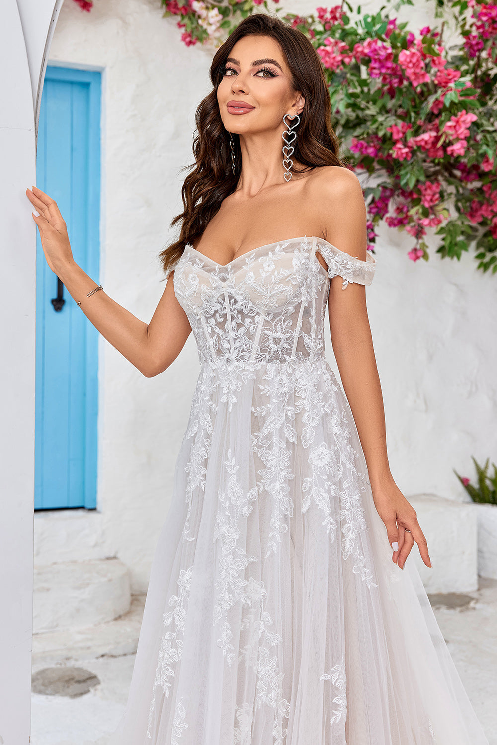 Detachable Off the Shoulder Corset Tulle A Line Wedding Dress