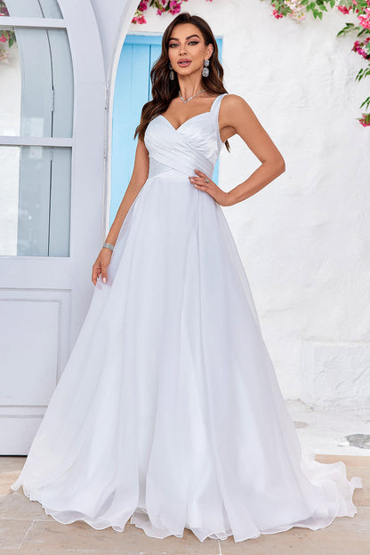 Simple Ivory Organza Scoop Neck Sweep Train A Line Wedding Dress