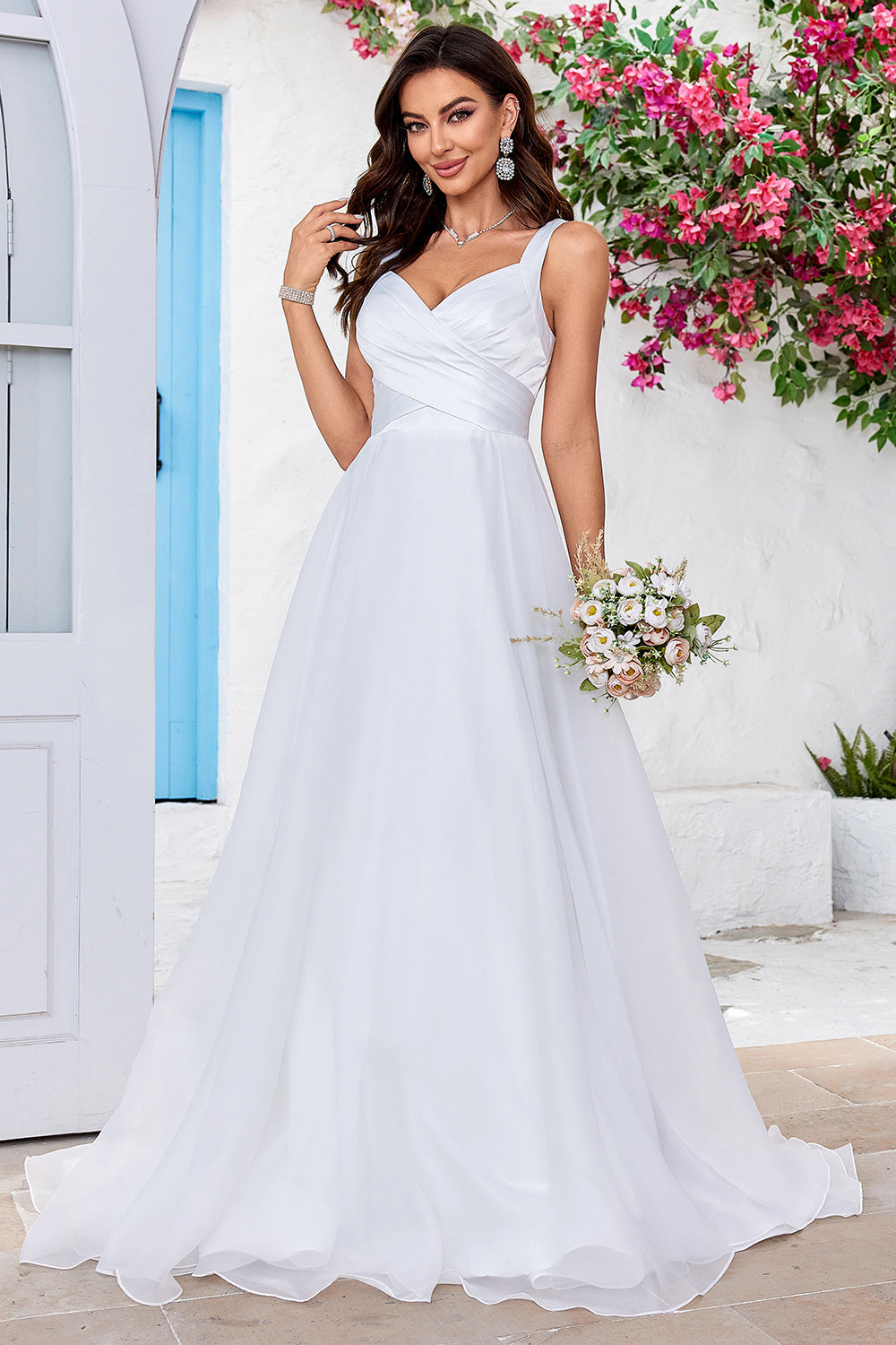 Simple Ivory Organza Scoop Neck Sweep Train A Line Wedding Dress