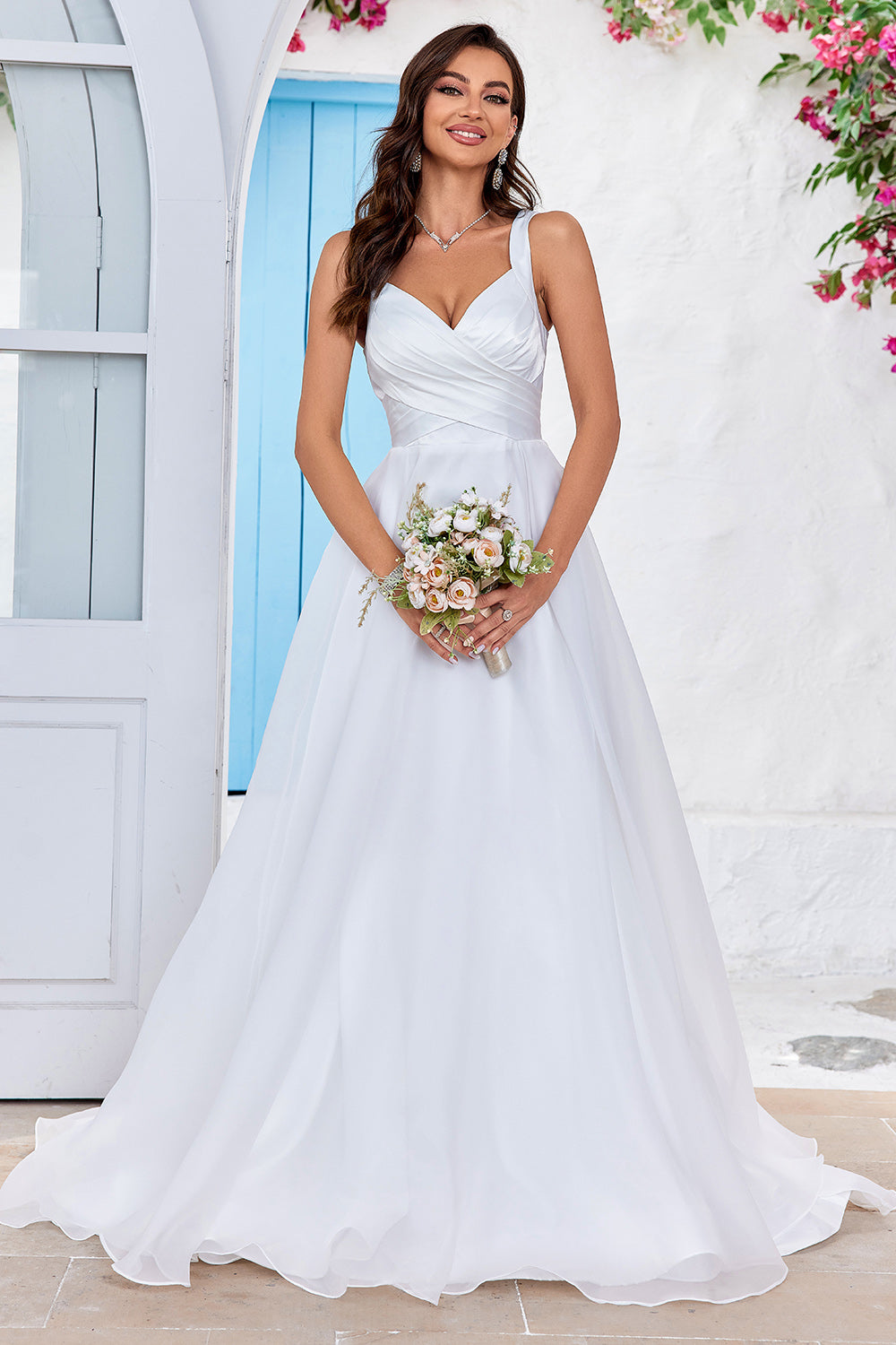 Simple Ivory Organza Scoop Neck Sweep Train A Line Wedding Dress