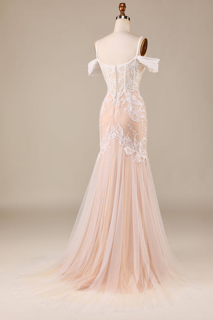 Champagne Mermaid Long Wedding Dress with Lace