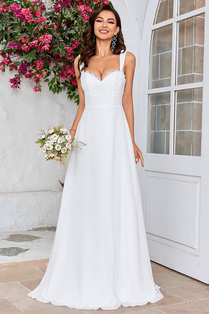 Ivory Scoop Neck Boho Simple Wedding Dress with Lace